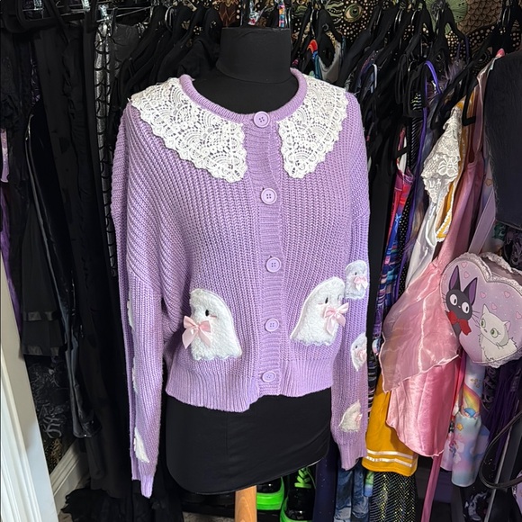 Sweet Society Hot Topic Pastel Lavender Purple Ghost Button Up Cardigan M - Picture 2 of 6